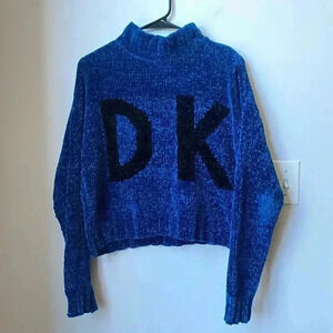 DKNY Chenille Sweater, XS (Fits Like S), Blue & Black, Cozy Christmas